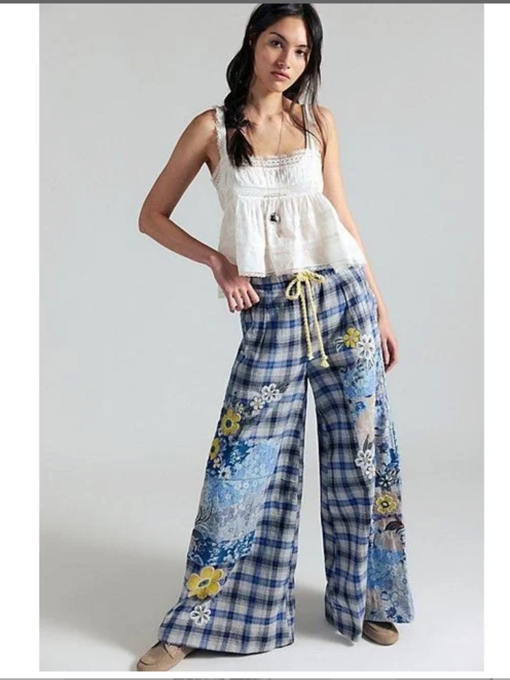 Free People Brooks Embroidered Floral Rope Drawstring Wide Leg Patchwork Pants